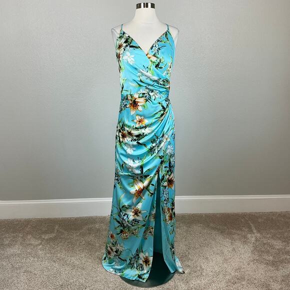Vince Camuto Backless Floral Satin Sleeveless Maxi Dress Colorful Blue Size 14 - Picture 2 of 13